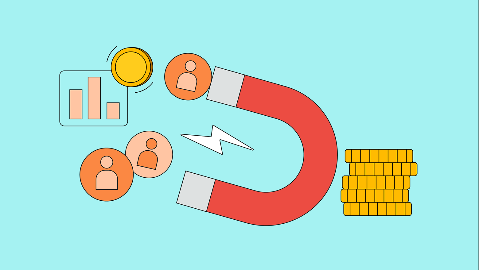 Magnet drawing icons representing audiences and analytics to represent customer retention