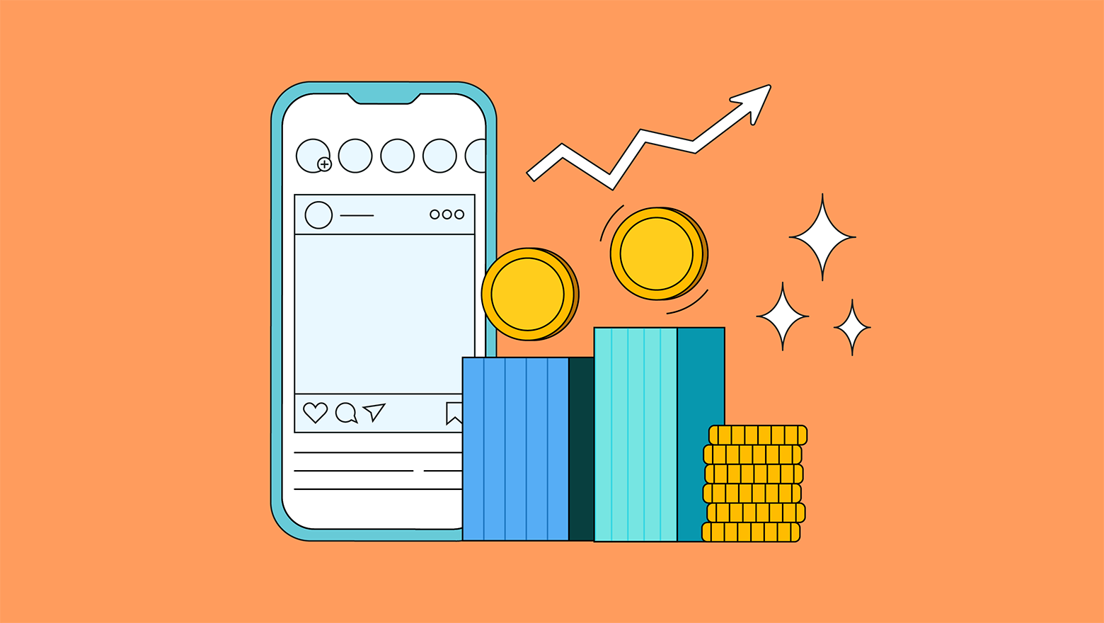 Smart phone, bar chart and coins to show social media roi