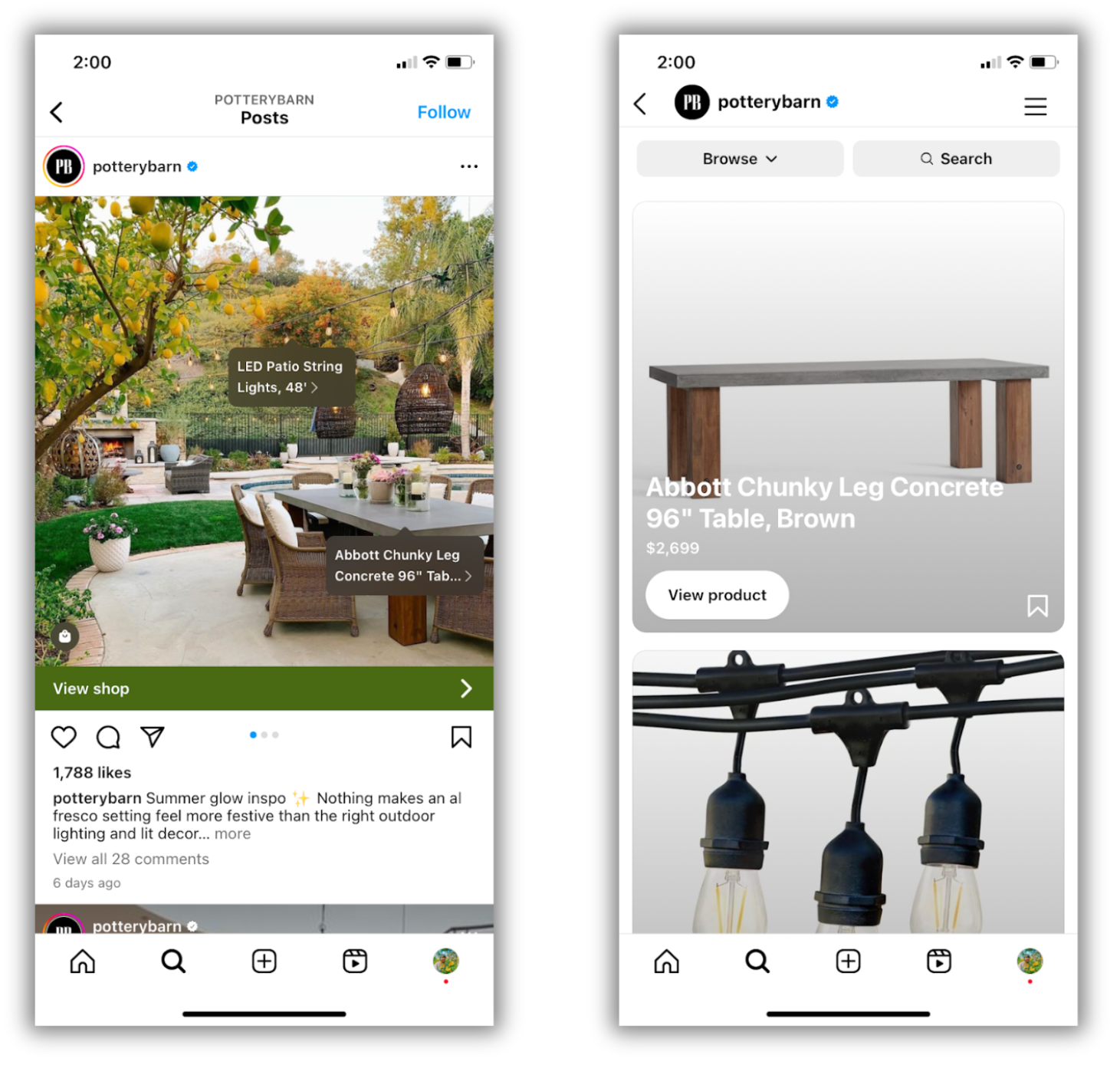 Pottery Barn Instagram post with shoppable product tags.