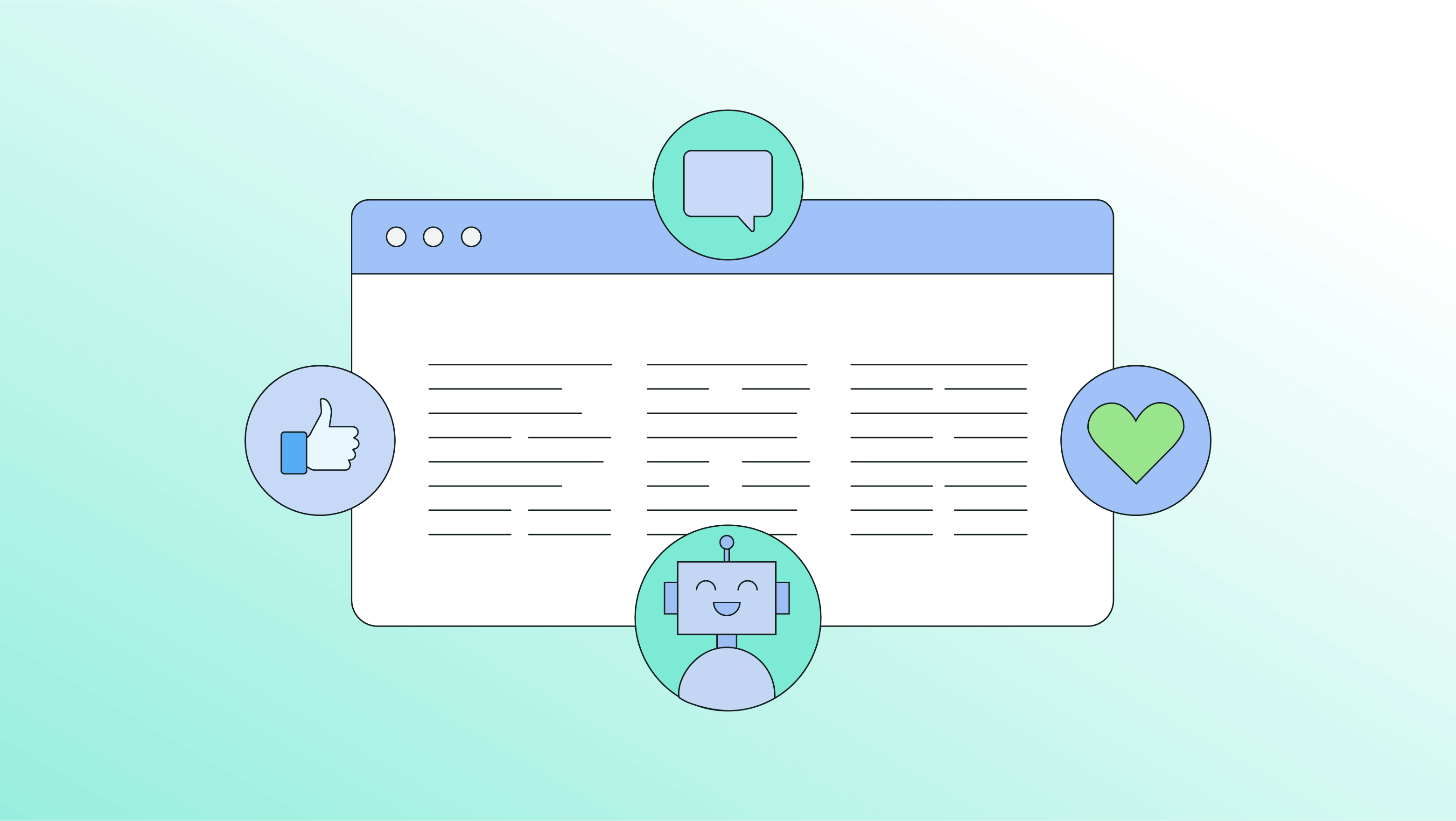 An illustration showing social media comments, audience engagement and chatbots depicting a computing system that's using natural language processing.