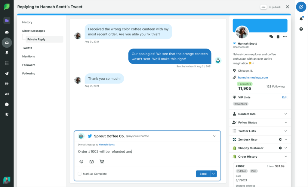 Sprout Social's engagement workflow for contacts requesting details on a Shopify order.