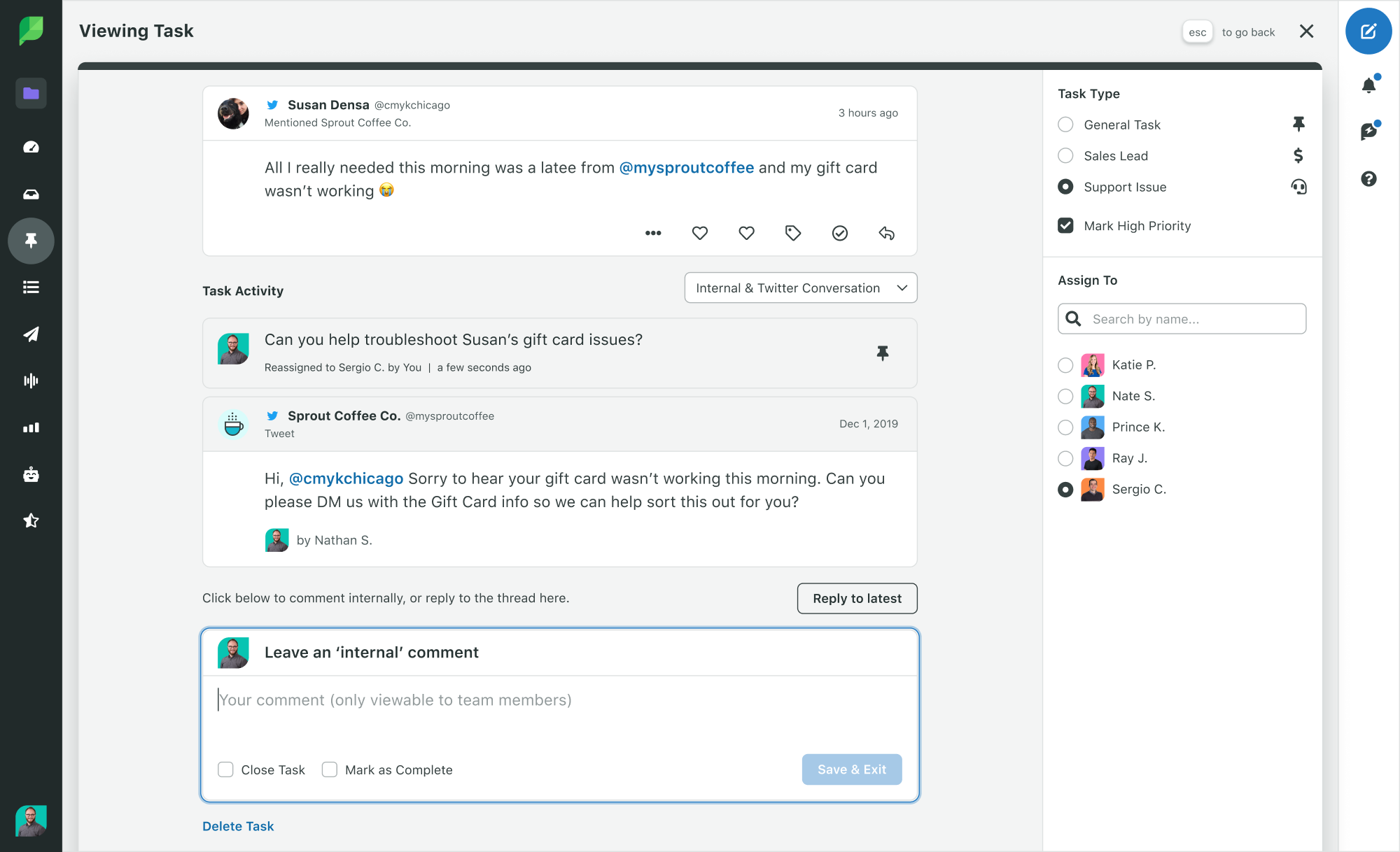 Sprout Social Product Image of Engagement Support Issue Task Activity History