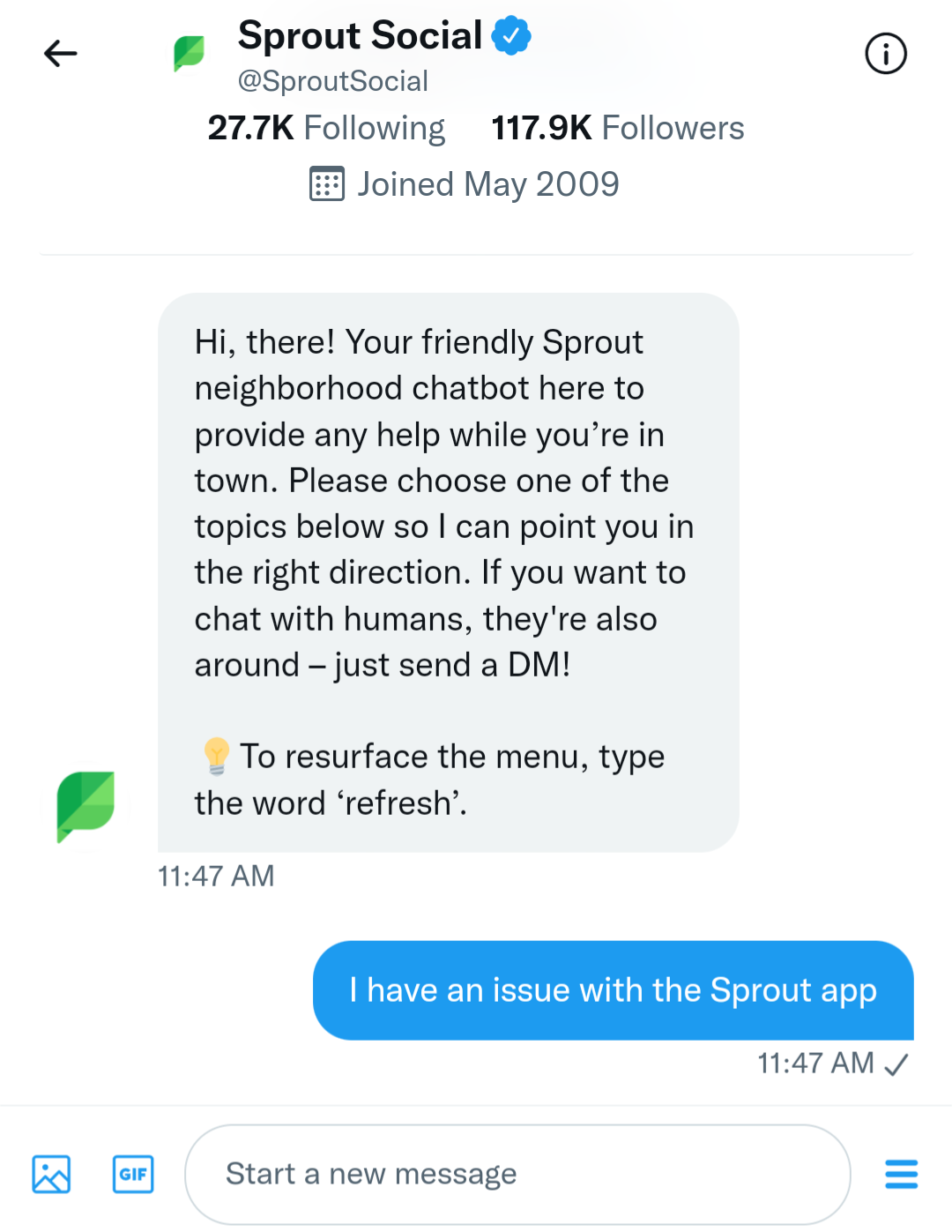 A screenshot of Sprout Social's Twitter DM prompt.